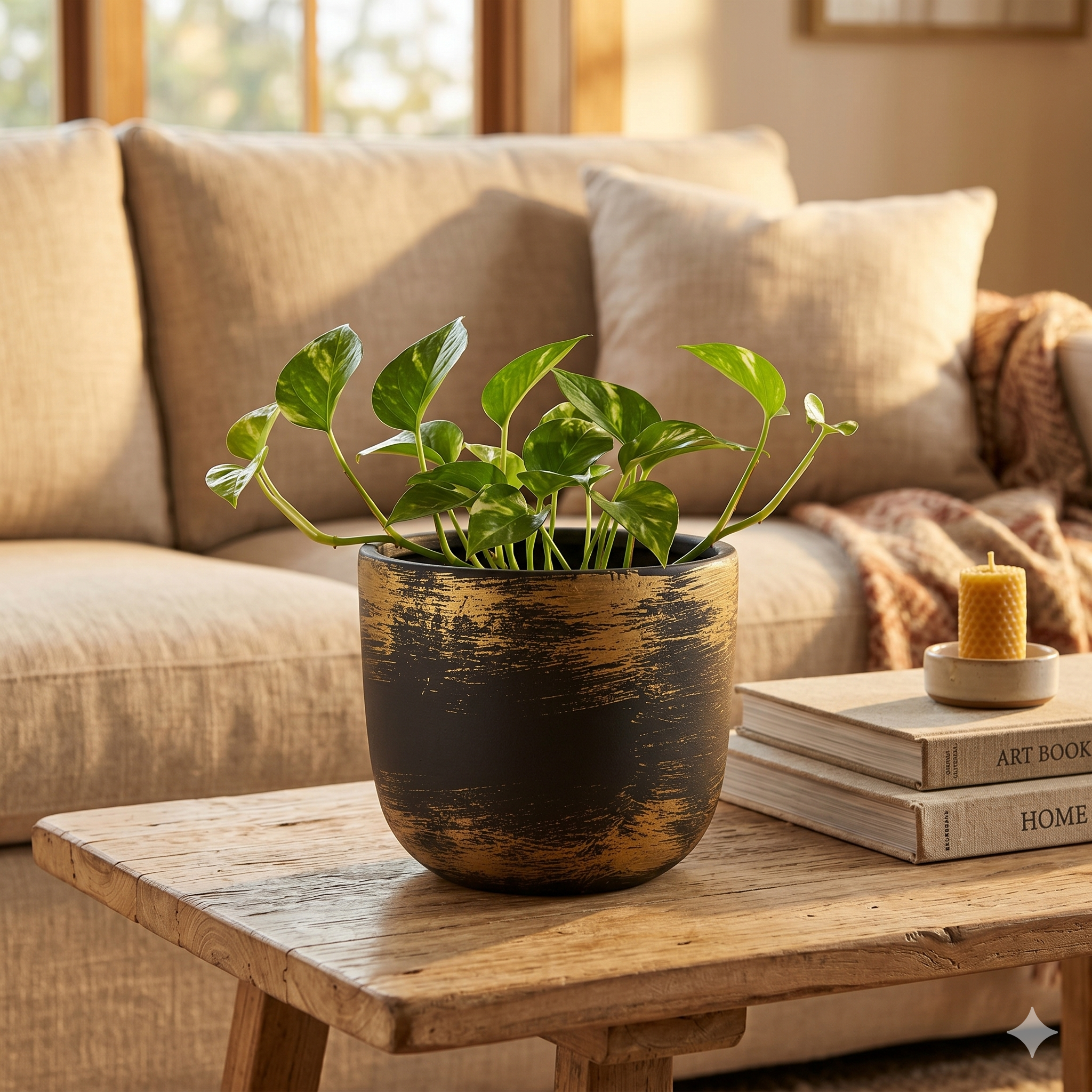 Handpainted Black & Gold Brushstroke Ceramic Planter