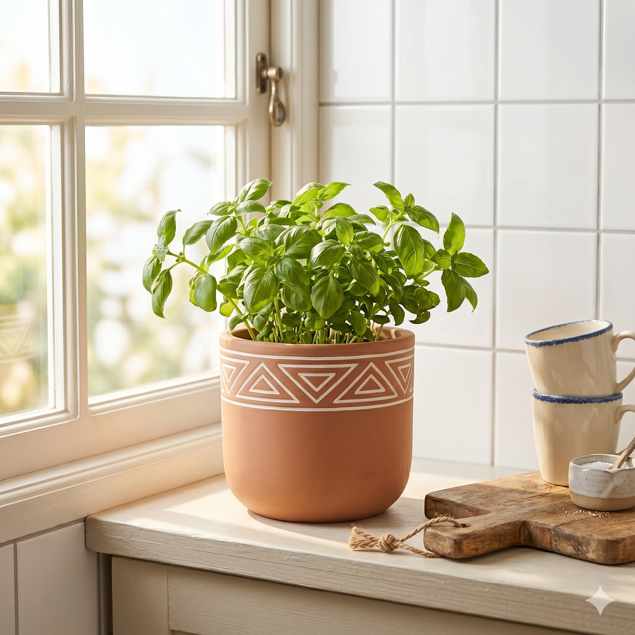 Handpainted Terracotta Planter with White Tribal Triangle Pattern
