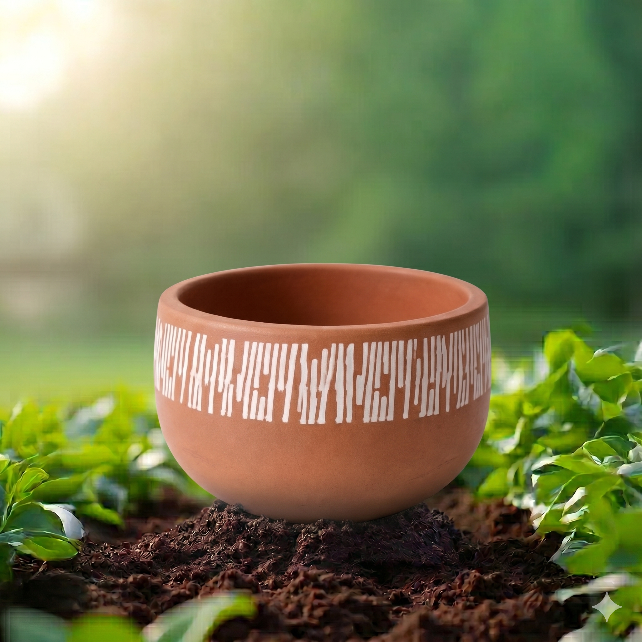Handpainted Terracotta Bowl Planter with White Dash Pattern