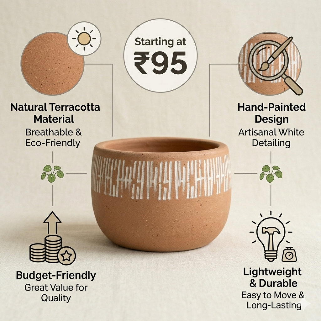 Handpainted Terracotta Bowl Planter with White Dash Pattern