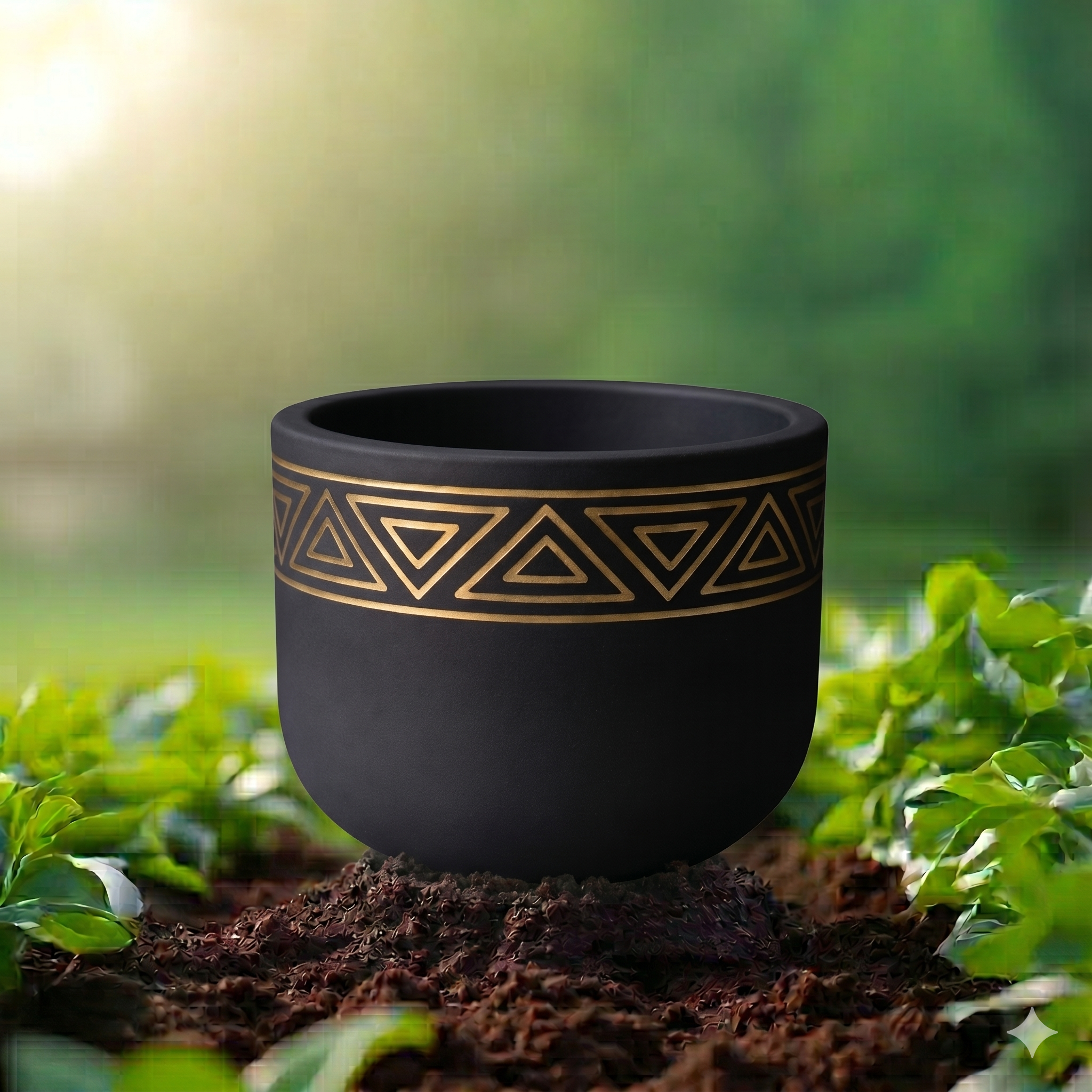 Black Matte Ceramic Planter with Gold Tribal Triangle Pattern