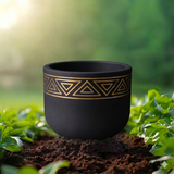 Black Matte Ceramic Planter with Gold Tribal Triangle Pattern