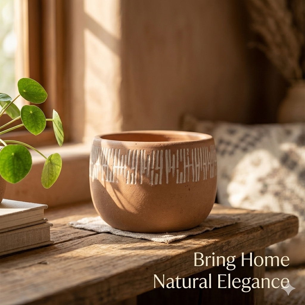 Handpainted Terracotta Bowl Planter with White Dash Pattern