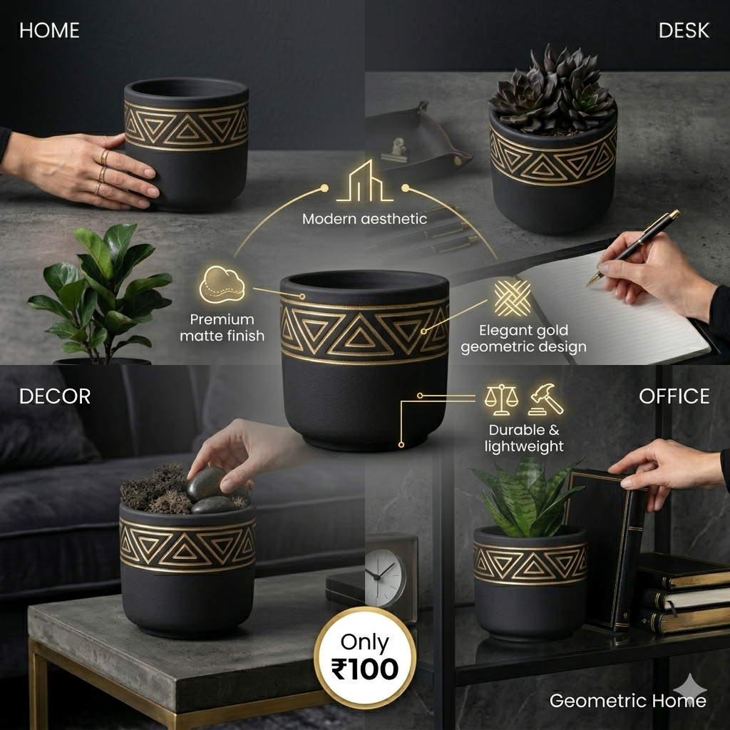 Black Matte Ceramic Planter with Gold Tribal Triangle Pattern