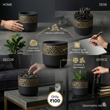 Black Matte Ceramic Planter with Gold Tribal Triangle Pattern
