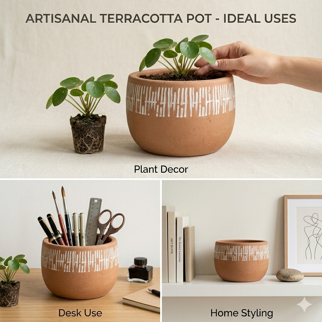 Handpainted Terracotta Bowl Planter with White Dash Pattern