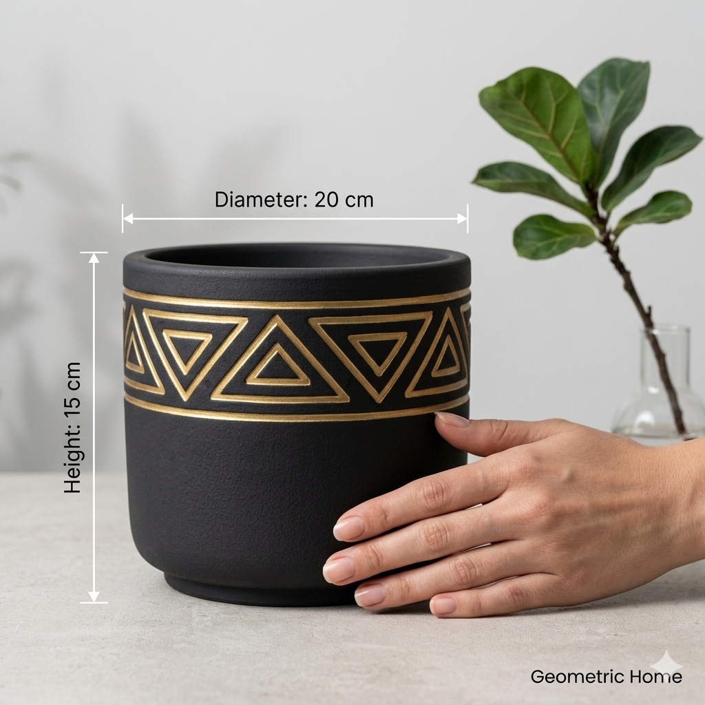 Black Matte Ceramic Planter with Gold Tribal Triangle Pattern