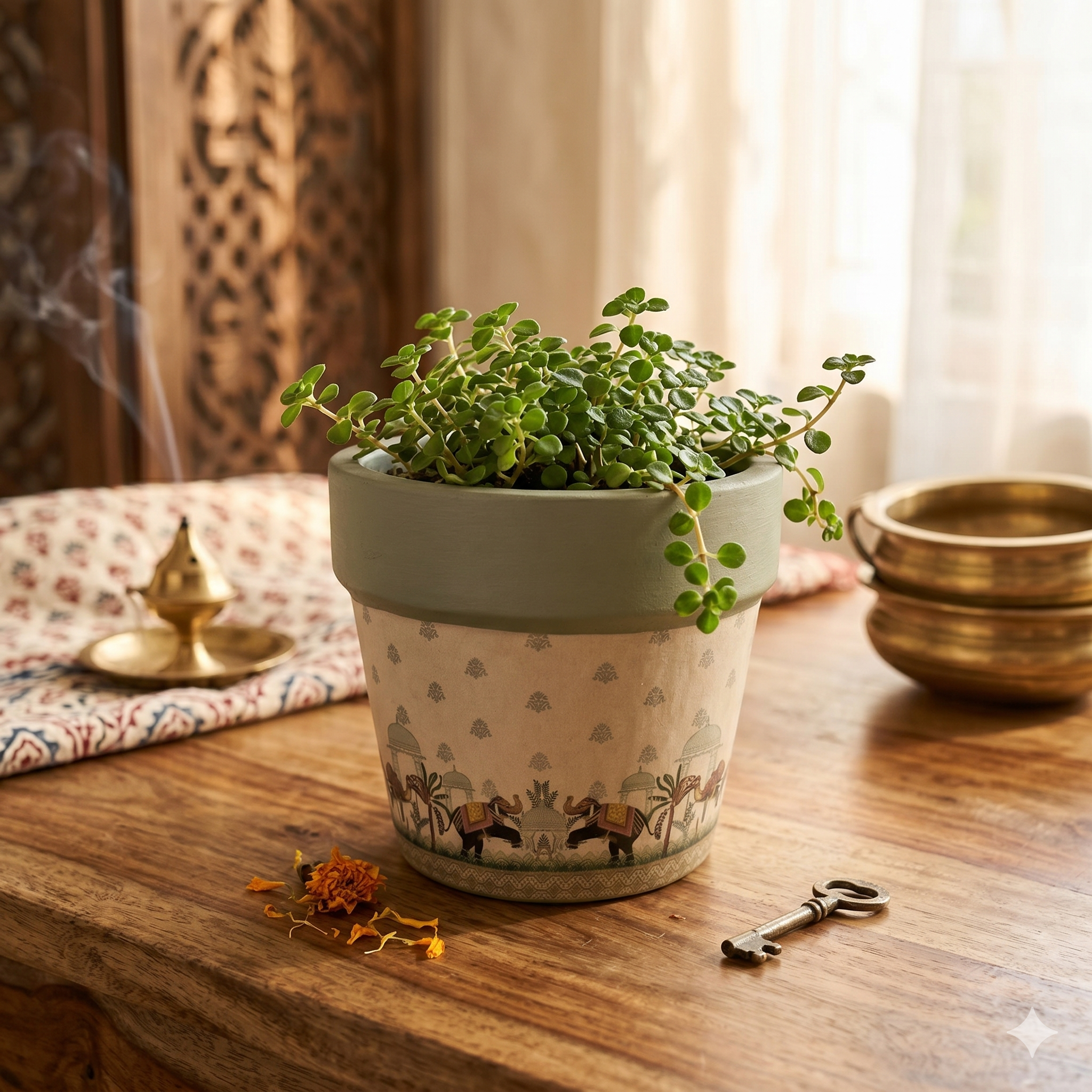 Rajasthani Elephant Print Ceramic Planter - Sage Green Vintage Pot