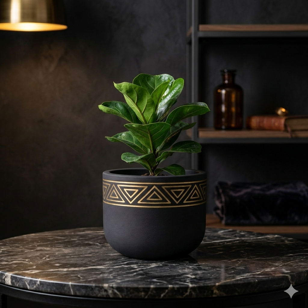 Black Matte Ceramic Planter with Gold Tribal Triangle Pattern