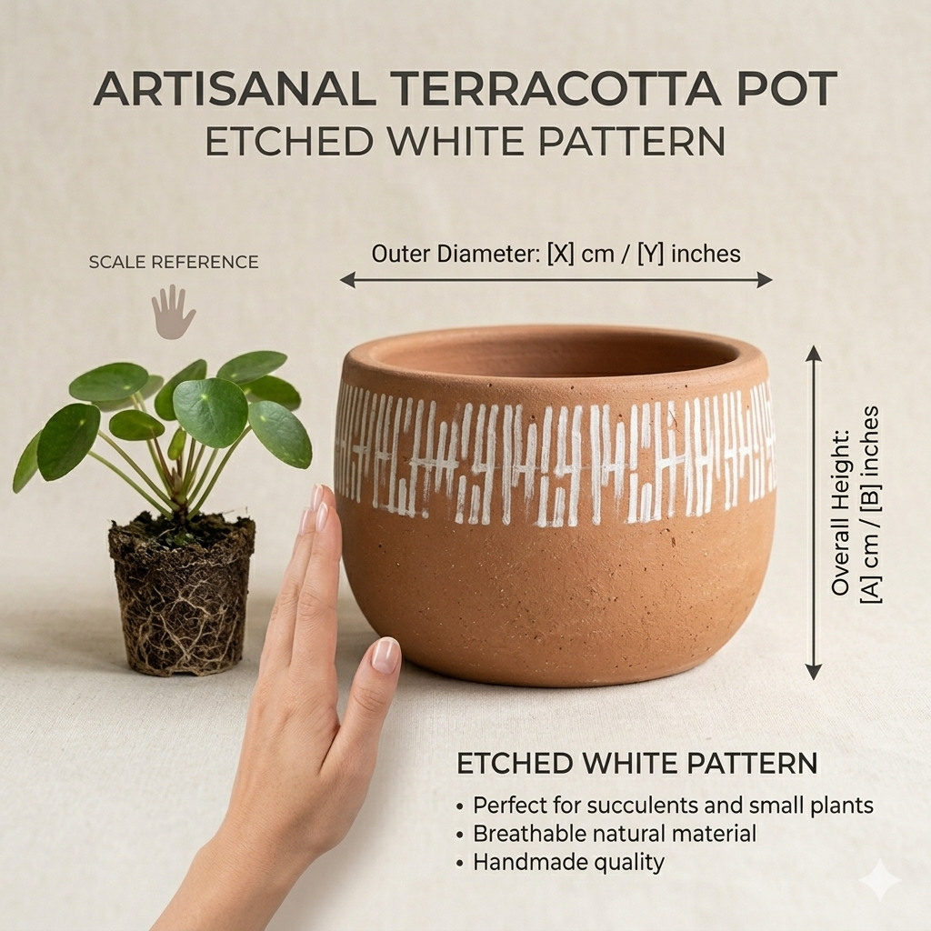 Handpainted Terracotta Bowl Planter with White Dash Pattern