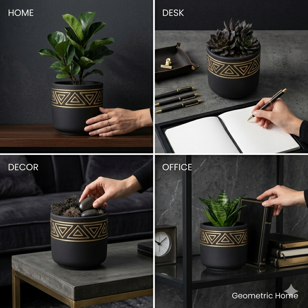 Black Matte Ceramic Planter with Gold Tribal Triangle Pattern