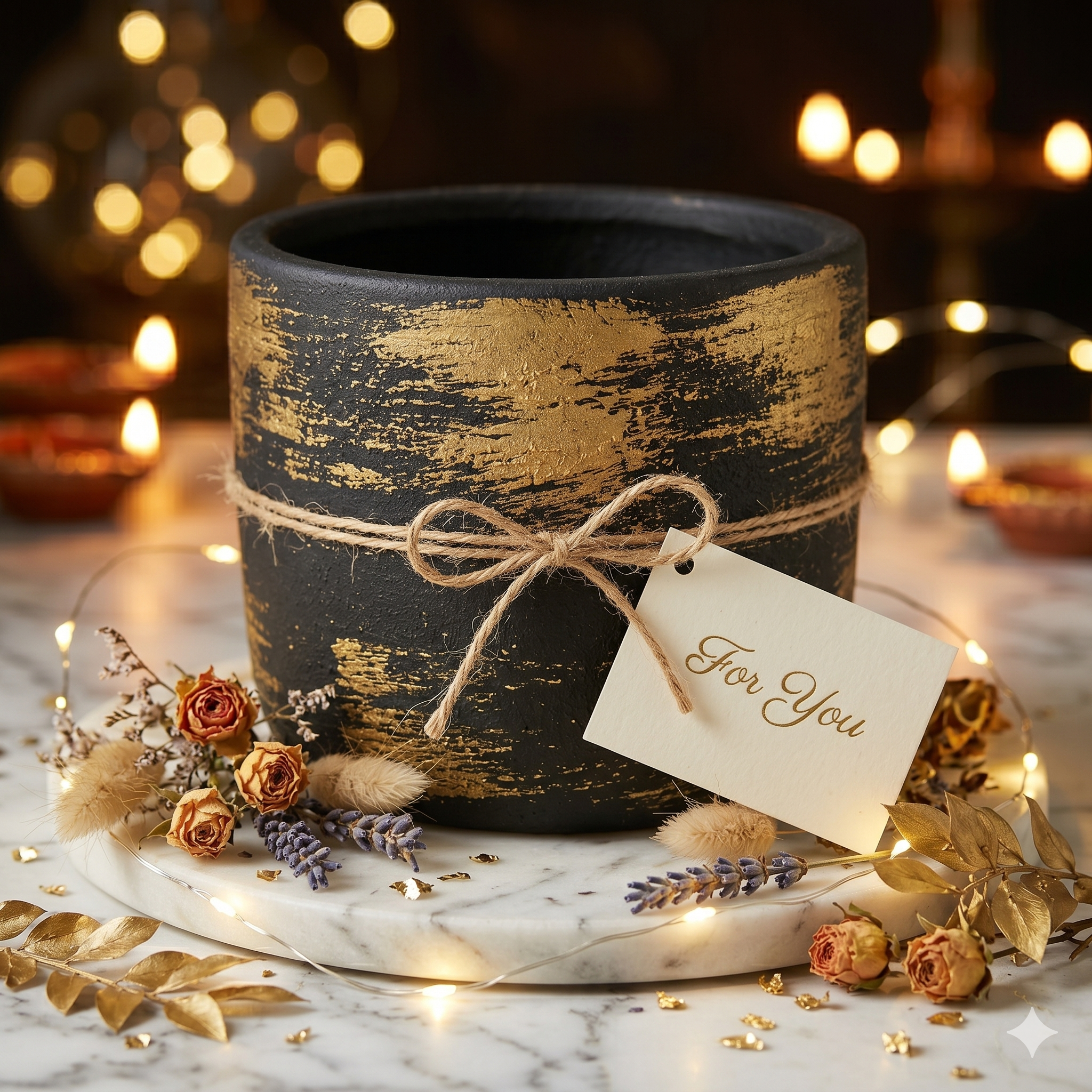Handpainted Black & Gold Brushstroke Ceramic Planter
