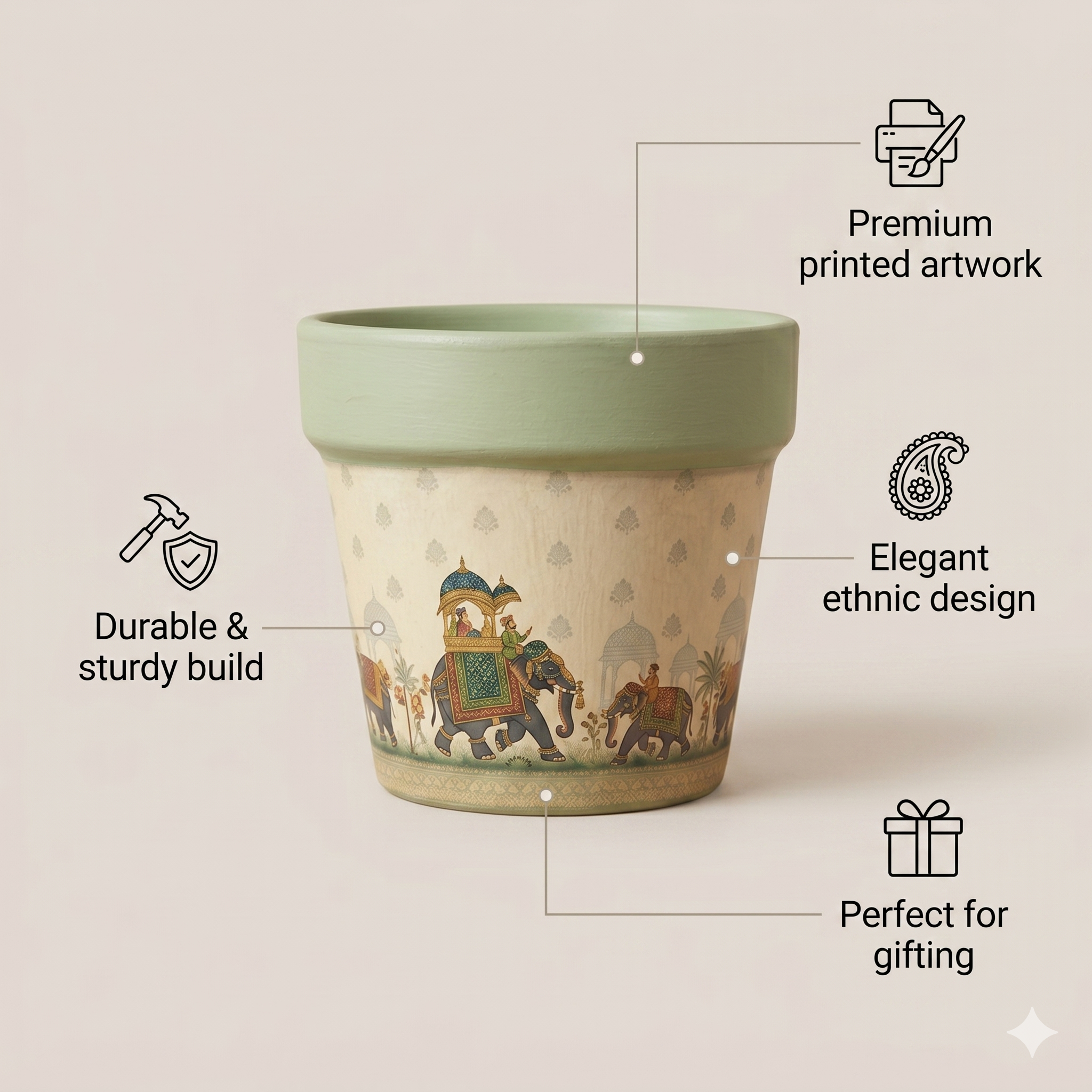 Rajasthani Elephant Print Ceramic Planter - Sage Green Vintage Pot