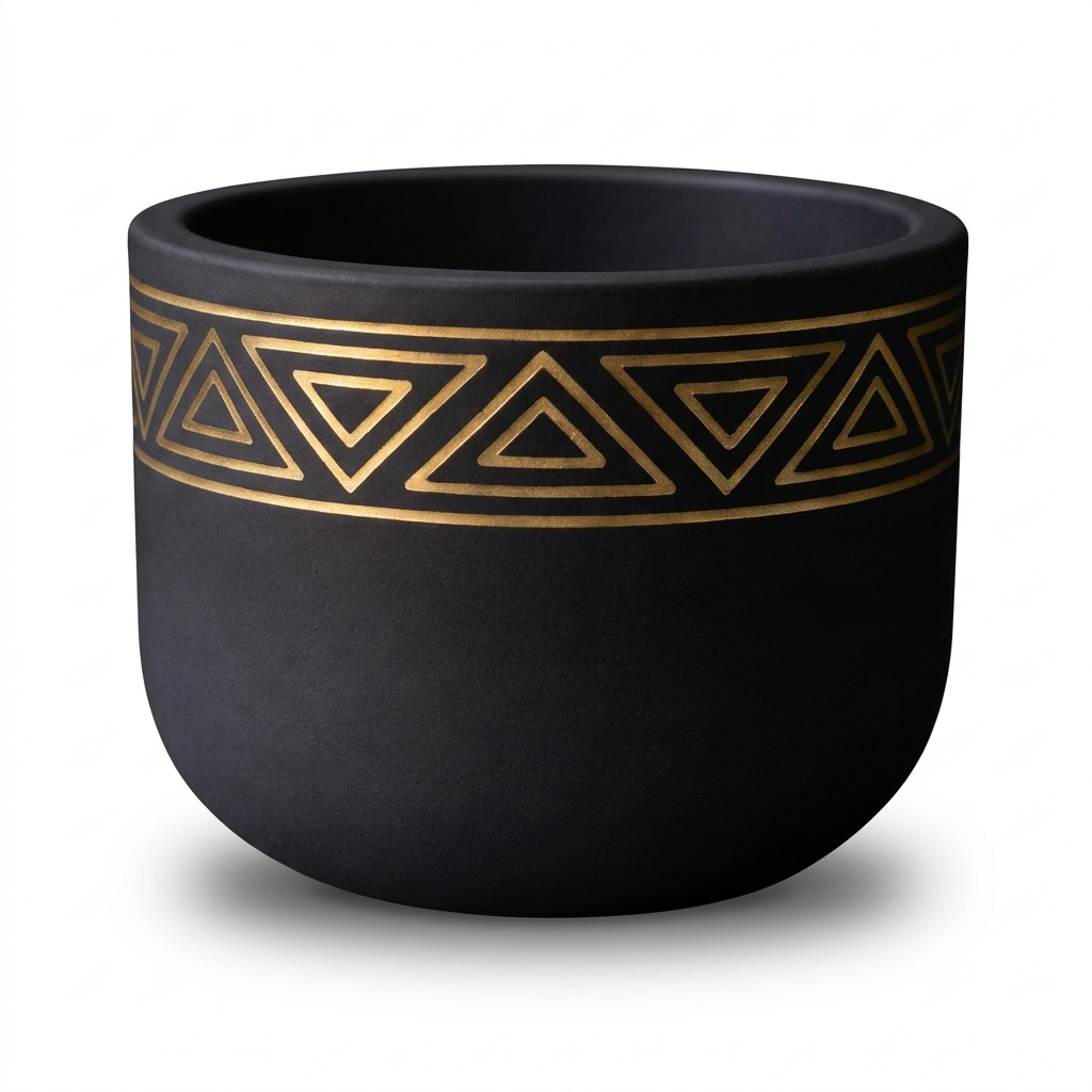 Black Matte Ceramic Planter with Gold Tribal Triangle Pattern