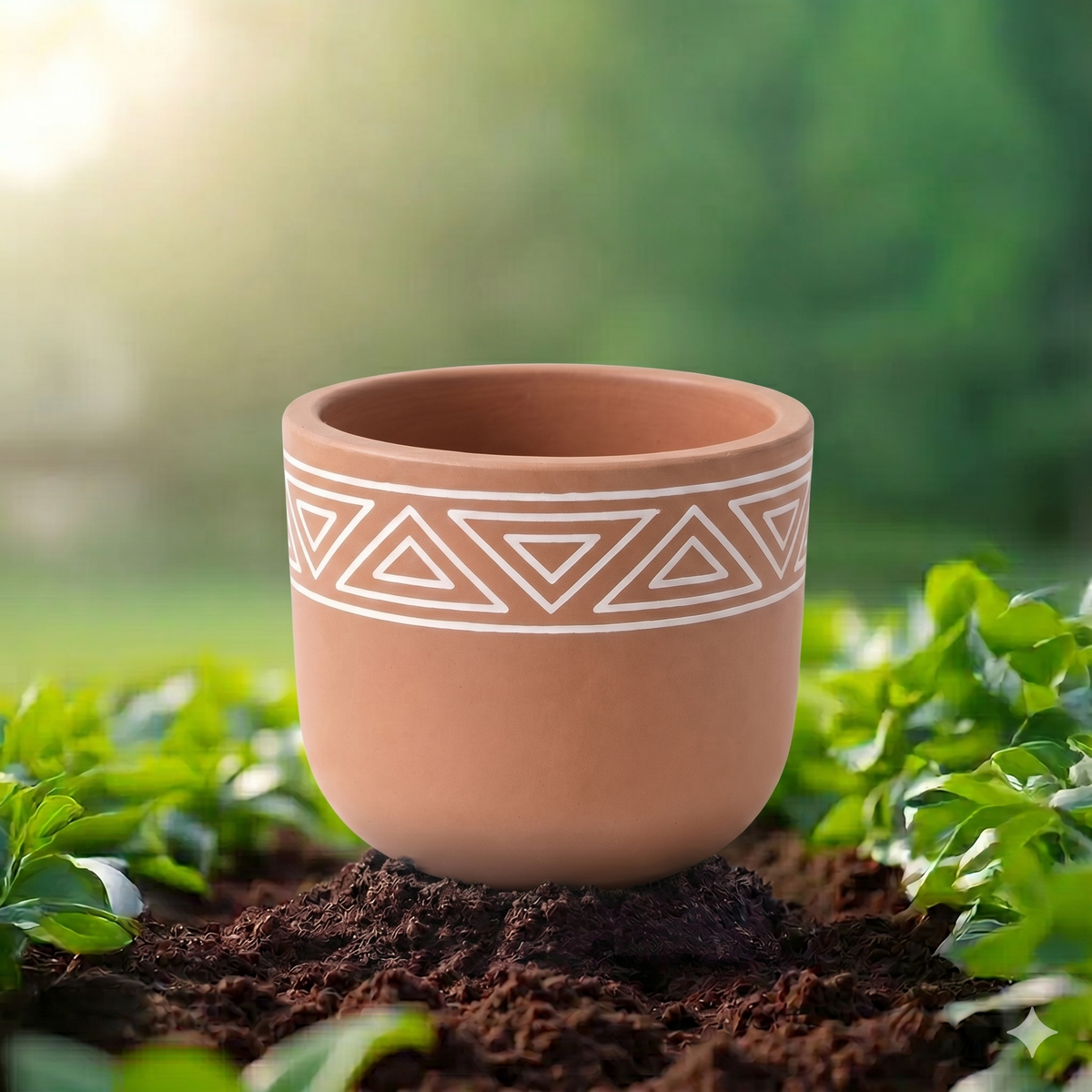 Handpainted Terracotta Planter with White Tribal Triangle Pattern