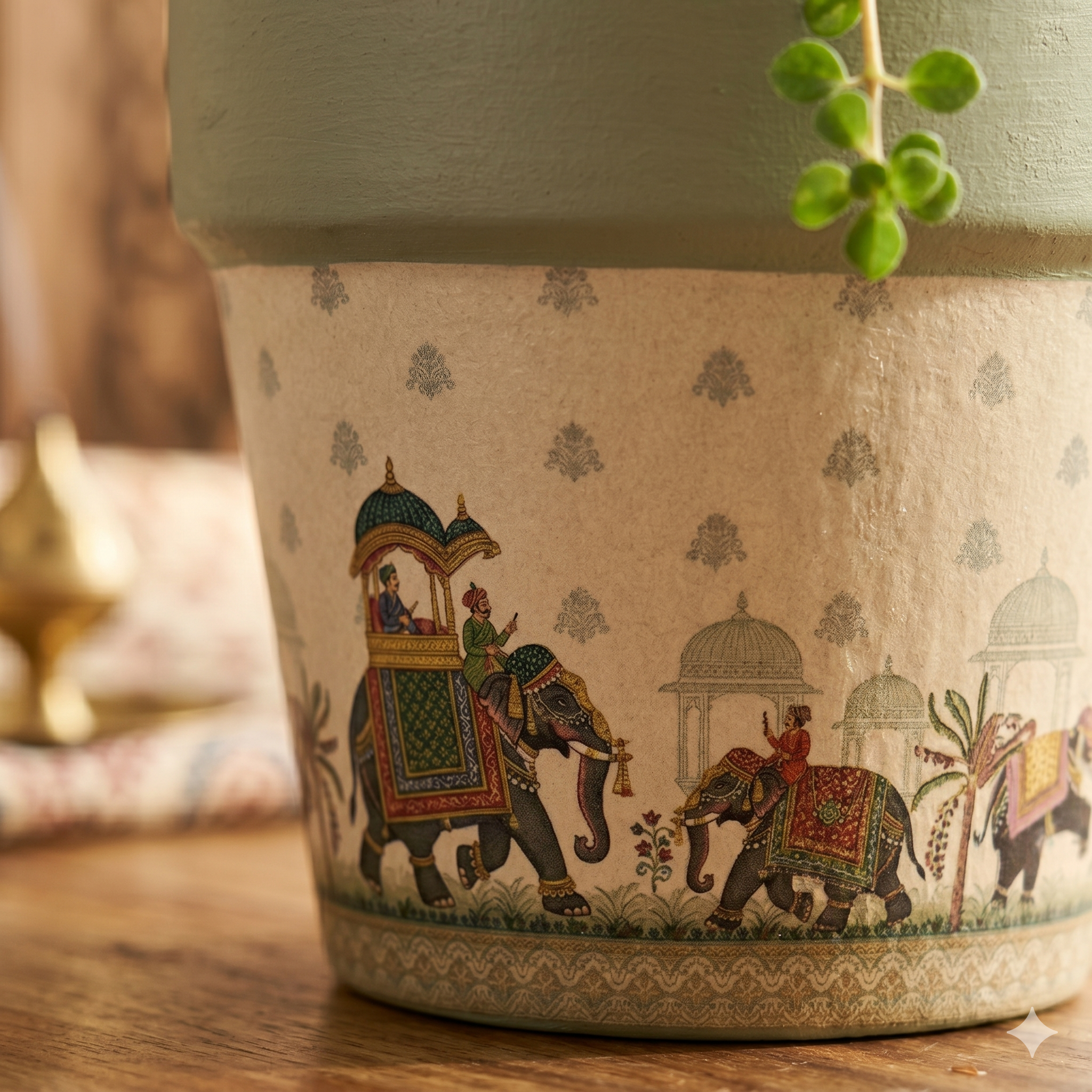 Rajasthani Elephant Print Ceramic Planter - Sage Green Vintage Pot