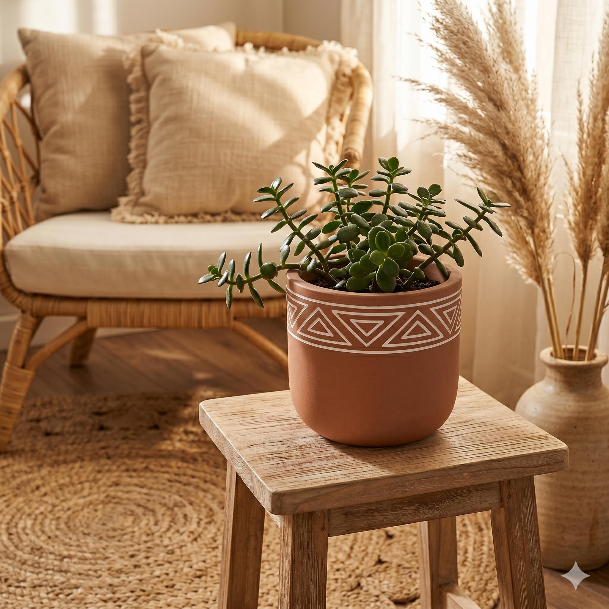 Handpainted Terracotta Planter with White Tribal Triangle Pattern
