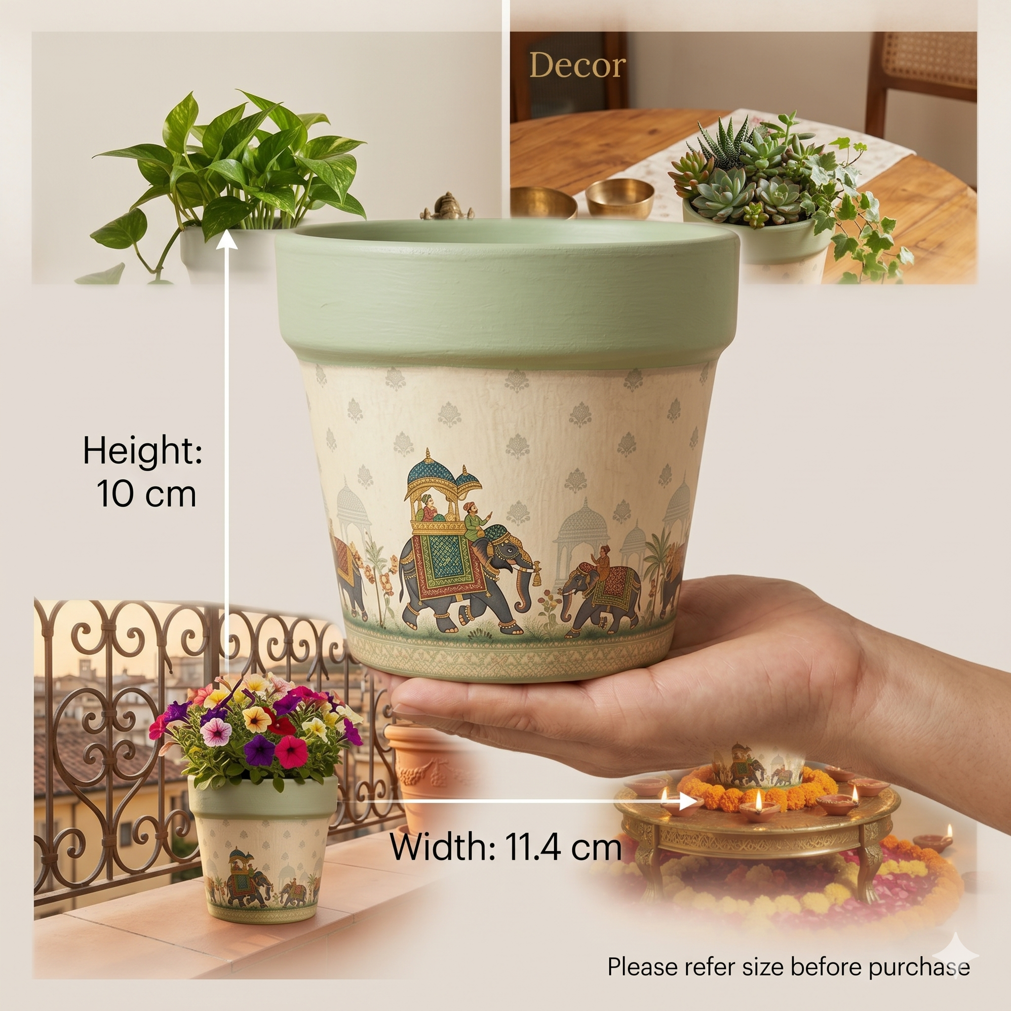 Rajasthani Elephant Print Ceramic Planter - Sage Green Vintage Pot