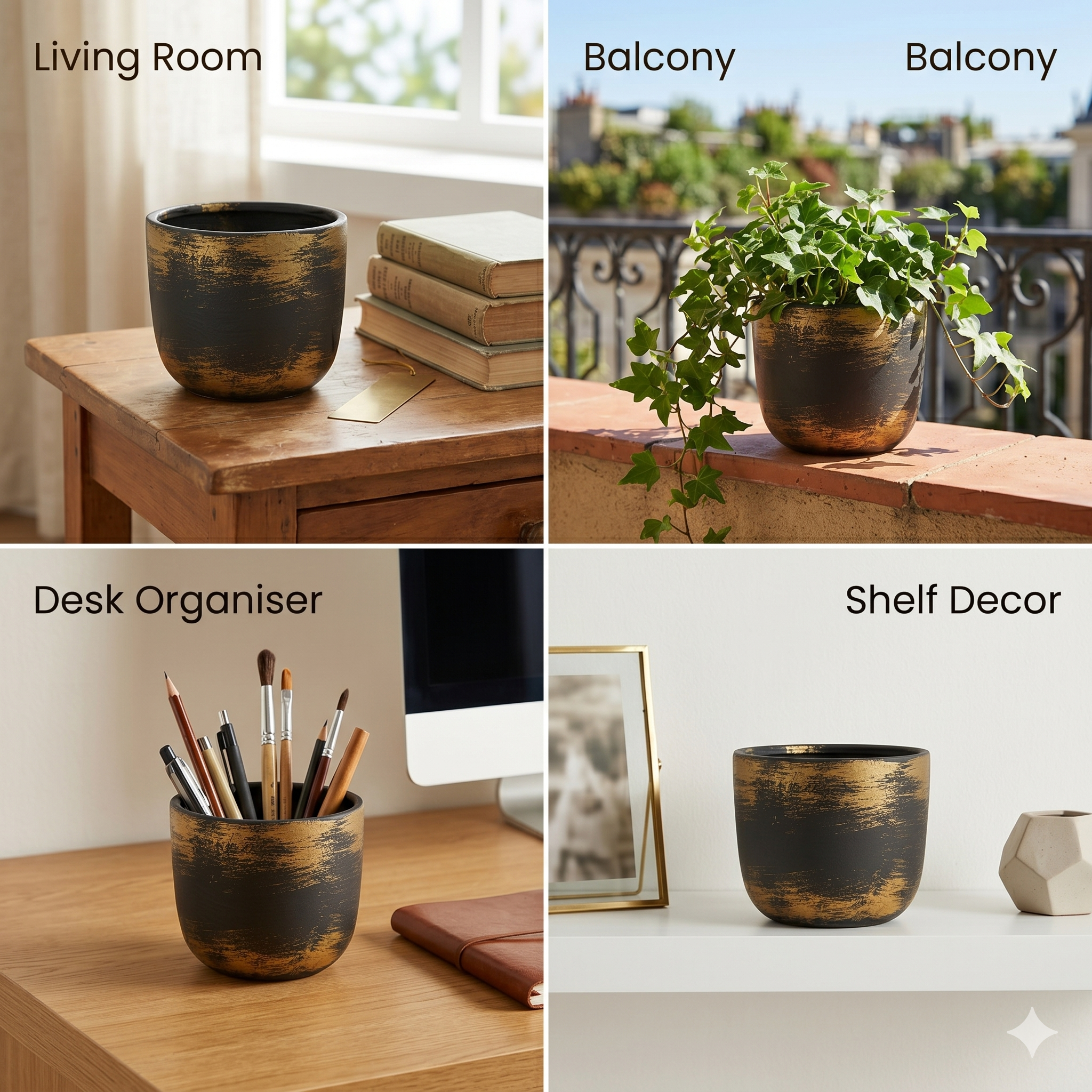Handpainted Black & Gold Brushstroke Ceramic Planter