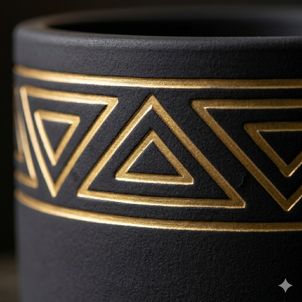 Black Matte Ceramic Planter with Gold Tribal Triangle Pattern