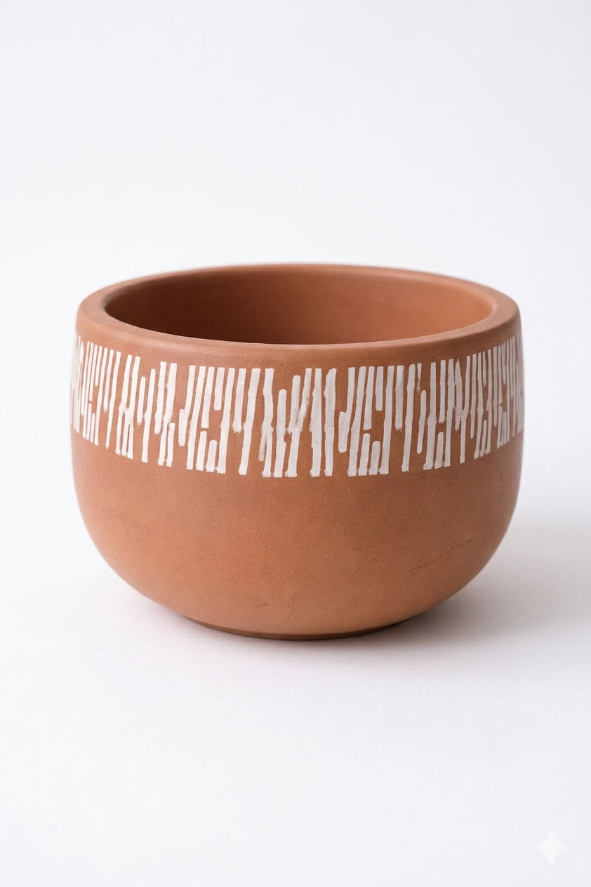 Handpainted Terracotta Bowl Planter with White Dash Pattern