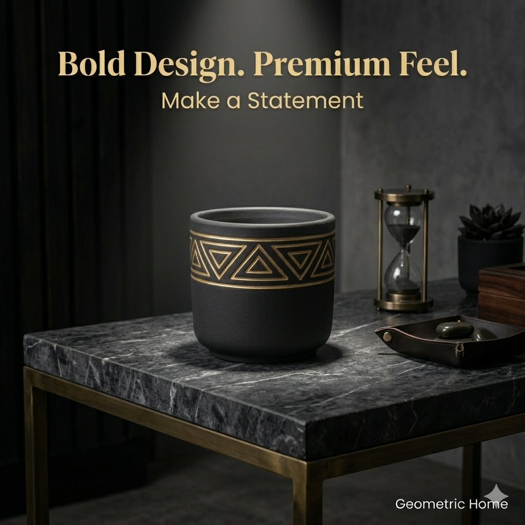 Black Matte Ceramic Planter with Gold Tribal Triangle Pattern