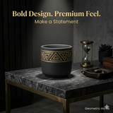 Black Matte Ceramic Planter with Gold Tribal Triangle Pattern