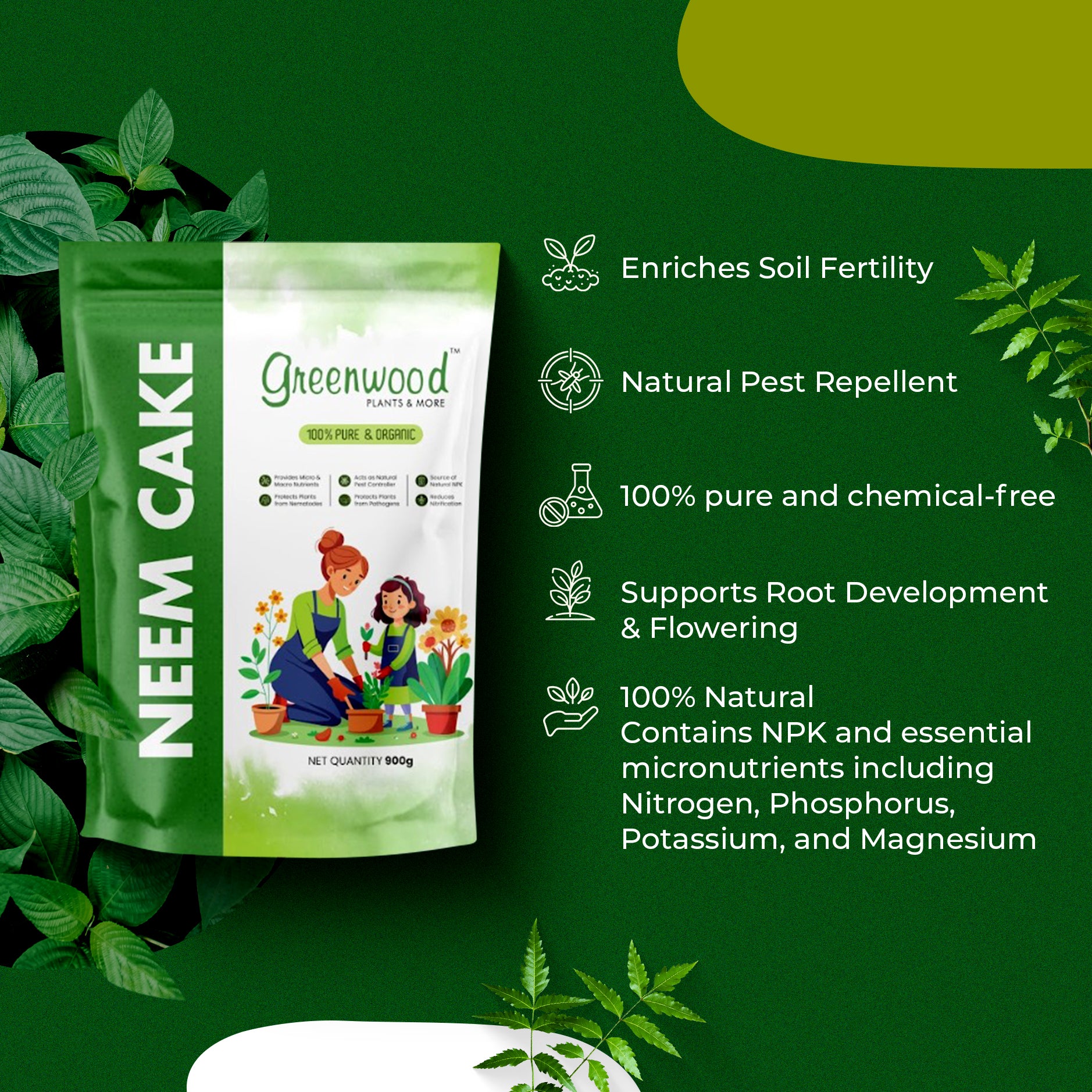 Greenwood Neem Cake Powder — Organic Fertilizer & Soil Enricher with Natural Azadirachtin